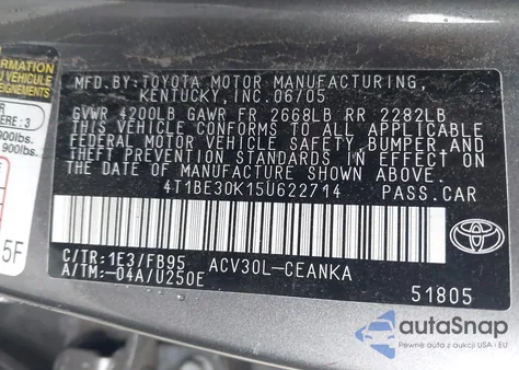 2005 Toyota Camry Le z USA, uszkodzony, nr VIN 4T1BE30K15U622714